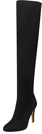 Stivali sopra il ginocchio da donna con tacco alto a spillo con tacco a spillo, stivali alti in pelle scamosciata, elasticizzati, lunghi e alti al ginocchio, eleganti stivali da donna, Nero , 41 EU