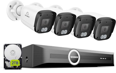 SANNCE 5MP POE Security Camera System, 4K 8CH NVR with Human/Vehicle Detection, 4x Outdoor IP Cameras, IP67 Weatherproof, Remote Access, 2TB HDD