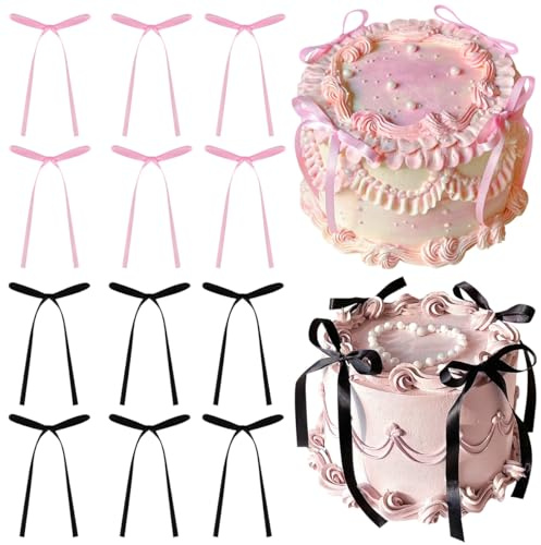 JNEYVIC 40 STK Tortendeko Schleife Klein Schleifen Kuchen Deko Rosa/Schwarz | Torten Deko Bogen Tortenschleifen Schleifenband Torte Tortenaufleger Schleife , Geburtstag Babyparty Hochzeit Jahrestag