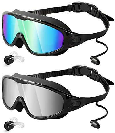Lorrtta Wide Vision Swimming Goggles 2 Pack, Wide View Anti Fog & UV Protection Goggles Swimming Adult Clear Vision Swim Goggle Adult Men Women No Leaking Fit