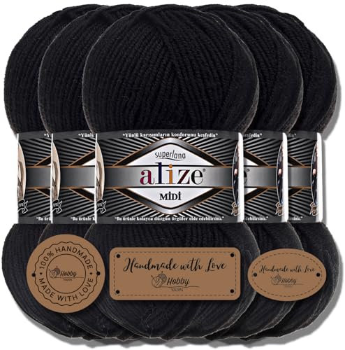 Hobby YARN 3x Etikettenlabel mit Alize Superlana Midi Wolle Premium 5x100g als Set I Yarn | Garn | Strickgarn Einfarbig Baby zum Häkeln Stricken Kleidung Schals (Black | 60)