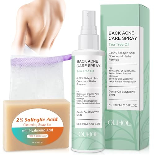 Akne Rücken Spray100 ml + Seife + Schaumnetz, Akne Komplex Spray | Back Acne Treatment Spray, Rücken-Peeling Tiefenreinigung, Behandlung von Rückenakne, Natürlich, sanft zur Haut