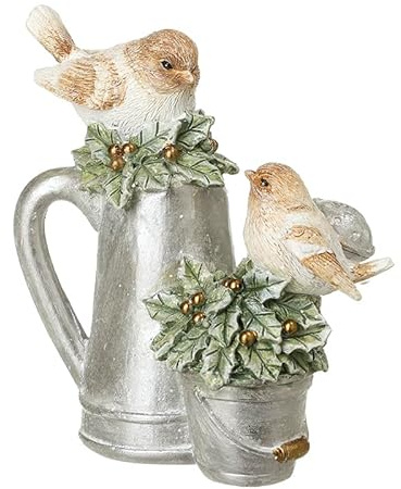 Heaven Sends Resin Christmas Birds on Jug & Bucket – Rustic Robin Ornament with Holly & Gold Detail – Festive Tabletop Decoration