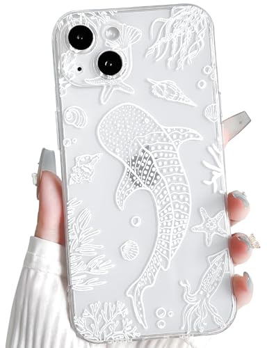 NITITOP Coque pour iPhone 14 Océanique Motif, Poisson Blanc | pour Femme Fille, Mignonne Baleine Coquille, Transparente Aesthetic Housse Antichoc, Protection Intégrale de l'Objectif