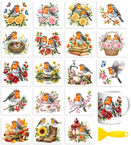 Peacoblue 18 fogli di carta da strofinare per artigianato, pettirosso con fiori, adesivi 9,1 x 9,9 cm, resistenti ai raggi UV, impermeabili, trasferimenti a freddo, adesivi per legno, vetro, metallo