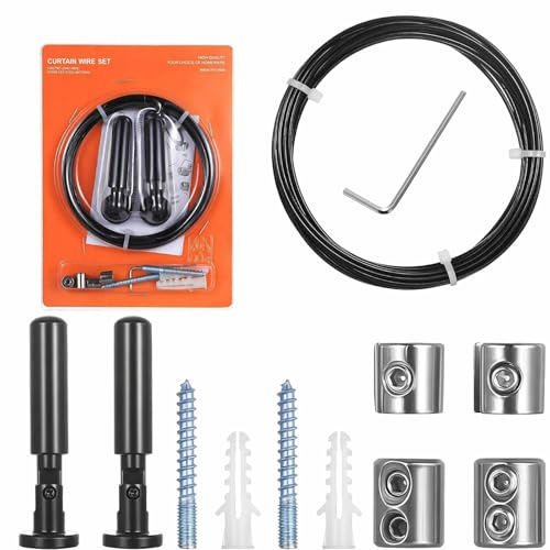 5m Wandhalterung Set,Edelstahl Vorhangdraht,Spanndraht Seilspanngarnitur für Vorhänge, Gardinen Zubehör, Spannseil Vorhang Seilspannsystem, Gardinenseilsystem Spannsystem für Wäscheleine Dusch Foto