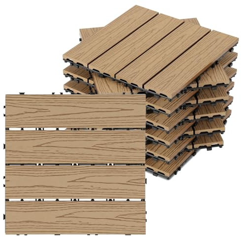 Peviasot WPC Terrassenfliesen Holzoptik, 30x30 cm WPC Fliesen 22 Stück=2m² Terrassendielen Balkonfliesen mit Klicksystem & Drainage, Wasserfest und Rutschfest, Teak