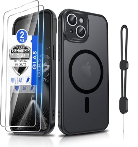 Dizn Magnetisch Hülle für iPhone 15: für MagSafe,2 Panzerglas Folie, Kameraschutz,Magnet Schutzhülle i Phone 15,mit Band,Matt Transluzente HandyHülle,Militärstandard Schutz,Phone Case iPhone15,Schwarz