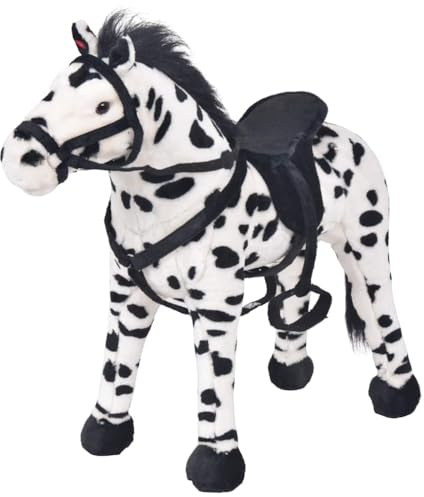 Ordellia Plüschtier stehend Pferd schwarz und weiß XXL, Stofftier Kuscheltier mit Sound Funktion, Sattel und Zügel, 71 x 62 cm, bis 100 kg, für Rollenspiel Kinderzimmer und Geschenk