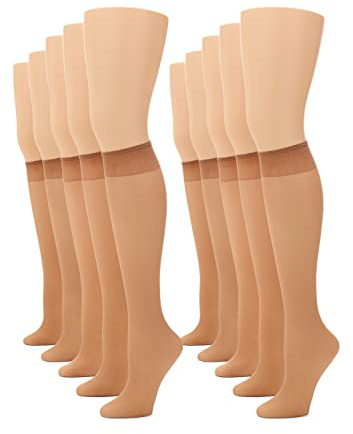 No nonsense Women's Sheer Knee High, Nylons for Women with Comfort Top, Nylon Trouser Stockings, Tan, 10 Pair Pack, Regular