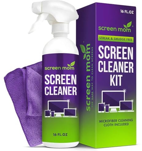 Screen Mom Screen Cleaner Spray and Microfiber Cloth 16oz Formulated in the USA Screen Cleaner Spray and Wipes for TV, Laptop, Computer, Phone, iPad, Car Screen Cleaning Kit Electronic