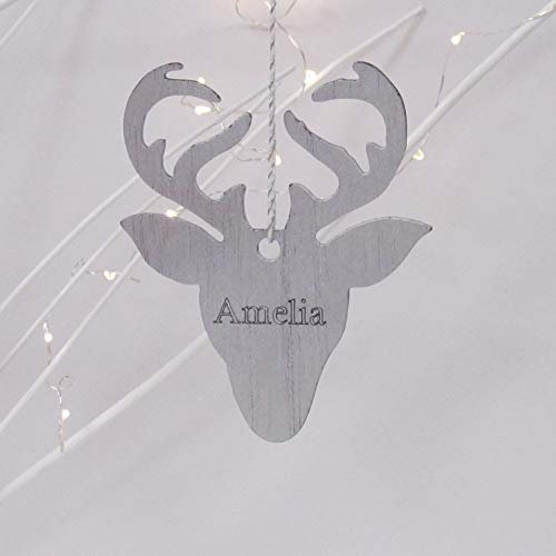 Personalised Wooden Silver Stag Bauble | Personalised Christmas Bauble | Hanging Reindeer Christmas Tree Decoration Personalised