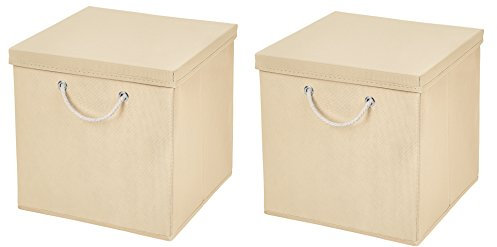 2 Stück Creme Faltbox 30 x 30 x 30 cm Aufbewahrungsbox faltbar mit Kordel und mit Deckel