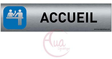AUA SIGNALETIQUE - Plaque de porte Aluminium brossé imprimé AluSign - 200x50 mm - Double Face adhésif au dos - Impression UV directement sur l'aluminium (Pas de contre collage) (Accueil)