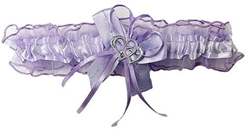 Süßer Braut Strumpfband mit 2 Herzchen Schleifchen, Silbernaht, viele Muster Hochzeit Neu Strumpfbänder Brautstrumpfband (Flieder, bis 80 cm)