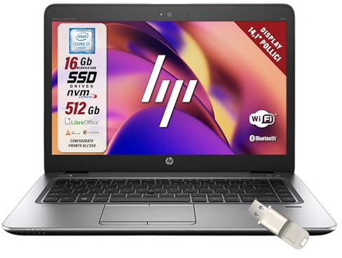 HP Elitebook, Pc Portatile Notebook, intel i7-6600u 2 Core 2.6 Ghz, Ram 16Gb SSD 512GB, display 14 HD, W10, Pronto all'uso con Pacchetto Libre Office e Chiavetta USB FIngerPrint (Ricondizionato)