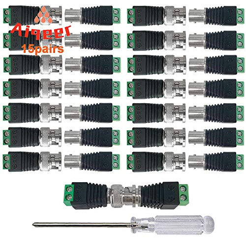 Aiqeer 15 Paare BNC Adapter Terminalblock, BNC Video Balun Verbinder, 2 Polig BNC Männlich Stecker & Weiblich Buchse Kit, Schraubklemme Kabel Verbinder