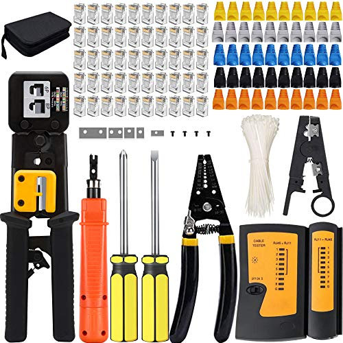 MAYLINE RJ45 Pinza Cirmpatura Strumenti Kit CAT5 CAT6 di Rete Professionali Crimpatrice per LAN Cavi Ethernet RJ11/RJ12 Cat7, Manutenzione del Kit LAN Tester del(grigio)