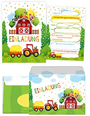 12 Einladungskarten incl. 12 Umschläge zum Kindergeburtstag Mädchen Jungen Bauernhof Outdoor-Party