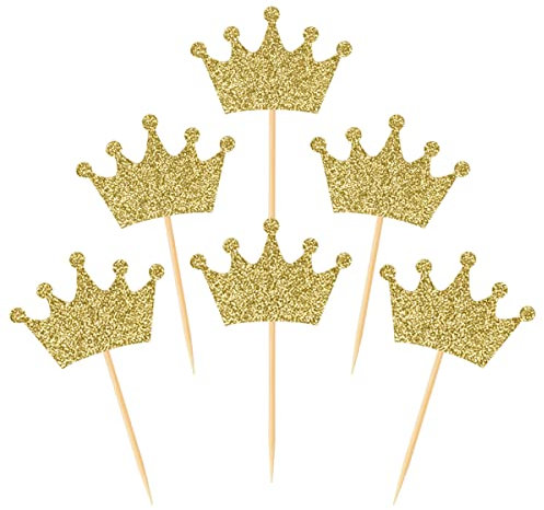 Cupcake-Topper mit Krone, 48 Stück, goldfarben, glitzernd, Prinzessinnen-Kuchenplektren für Babyparty, Geburtstagsparty, Dekorationen, Zubehör