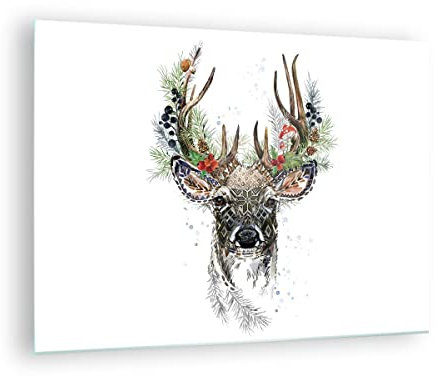 Bilder auf Glas Surrealismus Hirsch Boho Glasbild 70x50cm Wandbilder Dekoration Wohnzimmer Schlafzimmer Küche Deko Klein Wanddeko Bild im Glas Wand Kunstdruck Art Modern Wall Decor GAA70x50-4486