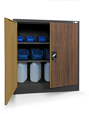 Jan Nowak Kleiner Aktenschrank C001B Büroschrank Metallschrank Aufbewahrungsschrank 2 Verstellbare Fachböden Pulverbeschichtet Abschließbar 92,5 cm x 90 cm x 40 cm (Anthrazit-Holzoptik)