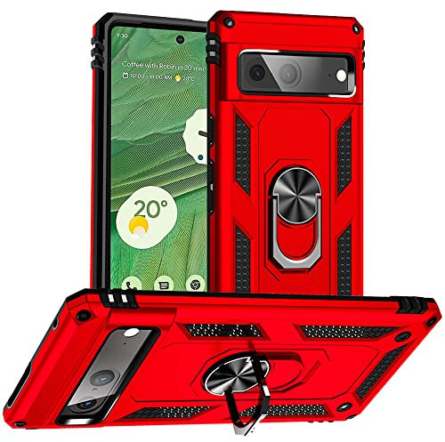 for Pixel 7 Case, Google Pixel 7 Case, Silicone Shockproof Military Grade Protective Phone Cover with Ring Kickstand for Google Pixel 7 (Red)