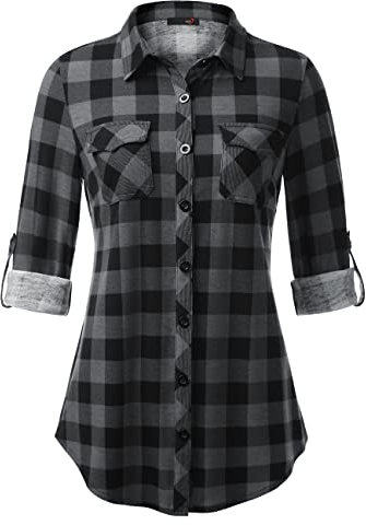 DJT Damen Weiches Gestrick Karierte Bluse Langarm 3/4 Roll Up Ärmel Hemdbluse Button-down Blusen Schwarz 2XL