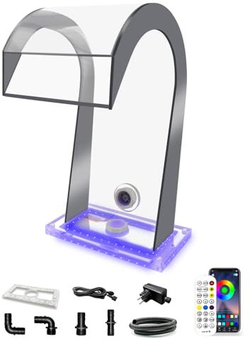 LONGRUN Teich Wasserfall, S-Form Acryl Pool Waterfall, 25x42.5x26cm Schwimmbad Brunnen mit 7-Farbiger Bluetooth LED, Wasserfall-Set für Garten und Pools