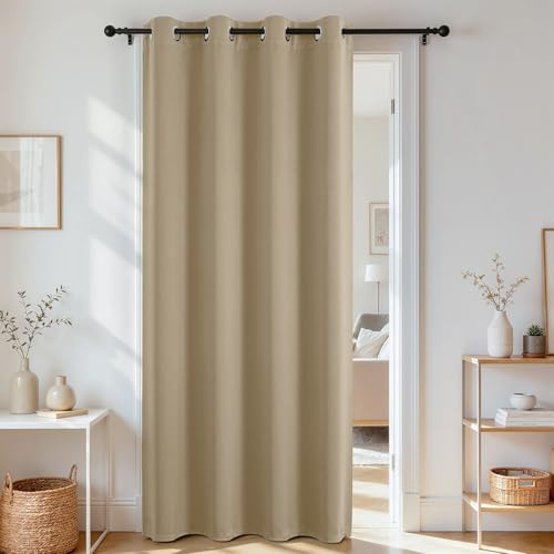 Joydeco Rideau de porte pour portes de placard de 198 cm de long, 1 panneau, rideau de porte occultant pour placard, chambre à coucher, séparateur de pièce pour intimité (beige clair, 101,6 x 198,1 cm