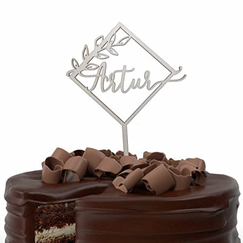 Personalisierte Cake Topper aus Holz Tortenstecker mit Namen Geburtstag Hochzeit Taufe Kommunion Torten Kuchen Deko (Quadrat)