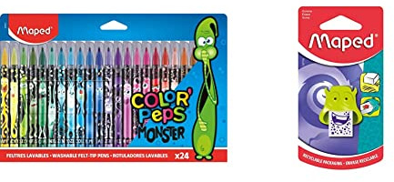 Maped - Filzstifte, Fasermaler COLOR'PEPS MONSTER mit mittlerer Spitze - x24 Stifte & Radierer MONSTER - verschiedene Designs, farbig sortiert, 1 Stück (1er Pack)