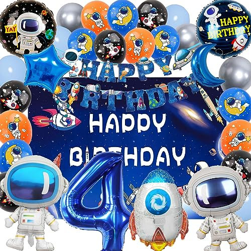 SWOKKTS Astronaut Geburtstag Deko 4 jahre, Kinder Weltraum Geburtstagsdeko, Astronauten Planet Rakete Weltall Luftballons Geburtstag Jungen Mädchen, Geburtstagsbanner und Hintergrund (Zahlenballon 4)