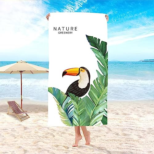 KnSam Strandhandtuch 90x180cm, Mikrofaser Strandtuch Jungen Tropische Blätter Vogel Muster, Liegetuch Spatuch Dusche, Strandhandtuch für Reise, Strand, Sauna, Grün Weiß
