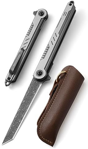 DRACHENADER couteau pliant damas, couteau tanto pliant, Avec Étui en cuir et clip, Poignée en G10, léger Étroit