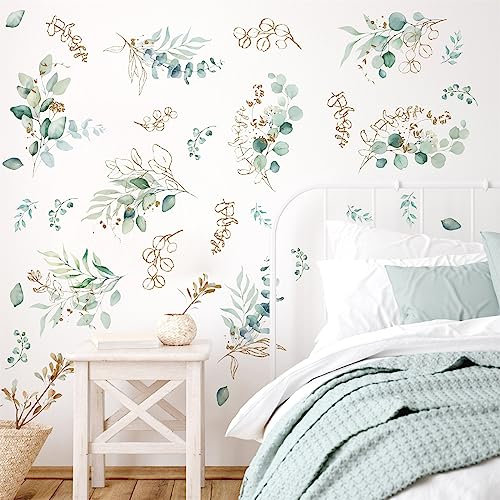 Watercolor Leaves Wall Stickers Green Leaf Wall Decals Living Room Decor Modern Hanging Vine Wall Decals Botanical Plant Wall Art Sticker Eucalyptus Leaf Wallpaper for Bedroom Kitchen Kids Room Decor