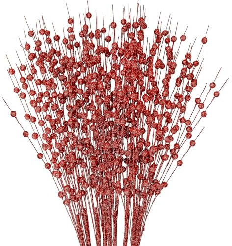 Huahuanghui Tallos de bayas brillantes,Bayas de acebo artificiales Frosted Holly Berry,Árbol de Navidad DIY