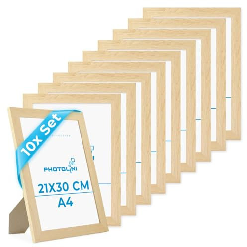 PHOTOLINI Cadre photo A4 21 x 30 cm bois MDF naturel, cadre large bord, lot de 10 cadres photo, verre acrylique incassable, décoration murale à suspendre & à poser, accessoires supplémentaires