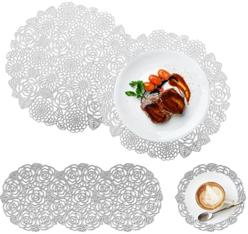 Spldsun Set von 6 PVC Tischset Rund und Untersetzer - Silber Hohle Platzset für Rutschfeste, Kratzfeste, Dekorative Tische