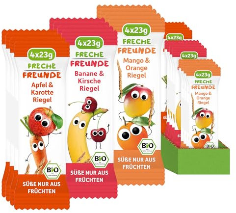 FRECHE FREUNDE Bio Fruchtriegel Bundle, jeweils 6 Stück von: Apfel & Karotte; Mango & Orange; Banane & Kirsche, für Babys und Kinder ab 1 Jahr, ohne Zuckerzusatz, vegan, 18er Pack, 18x (4x 23g)