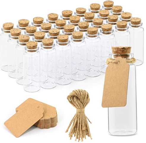 Mini Glasflaschen mit Korken, 32Stk x 40ML Reagenzglas mit Etiketten Hanfseil kleine Glasflaschen Geschenk Gläser Set Flaschen zum Befüllen Gewürzgläser, für Hochzeit Gastgeschenk, Deko Weihnachten