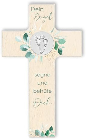 Fritz Cox Holzkreuz Dein Schutzengel segne und behüte Dich - christliches Geschenk für Kinder und wunderschön im Kinderzimmer | natur Holz, 15cm