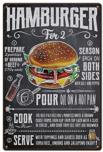 SUPERDANT Hamburger Blechschild Anleitung Zur Burgerherstellung Vintage Metallschild Fast Food Schild Küche Eisendekor Bar Restaurant Metallplakette Retro Wandkunst Poster Für Bar Küche