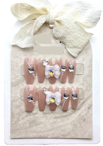 Handmade Wearing Nail Pieces, Love Butterfly Pearl Pink False Nails, Detachable Cute Girl 10pcs (Size : L)