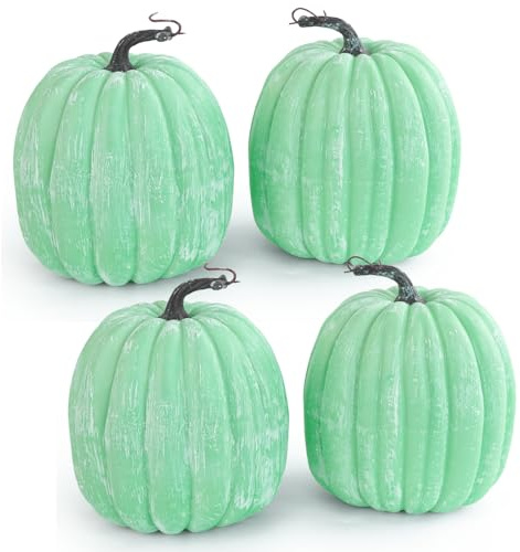 Miaikoe 4 PCS Large Autumn Artificial Pumpkins Harvest Lifelike Green-White Brushed Pumpkins for Fall Autumn Halloween Thanksgiving Holiday Displaying (Green-White Brushed)