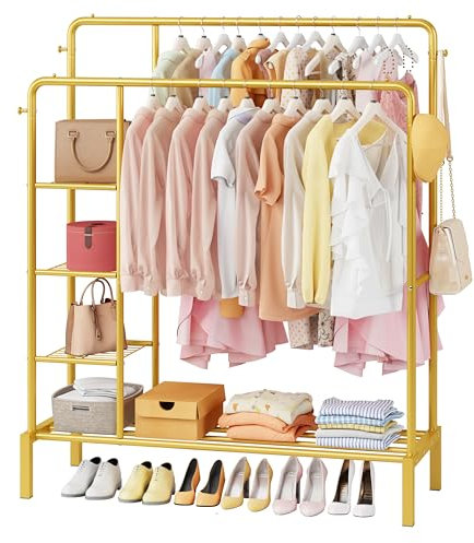 JOISCOPE Allargarsi Appendiabiti, 165x120cm Appendiabiti da Terra con 2 Appendiabito, 4 Ganci, 3 Ripiani Laterali e 1 Portascarpe Inferiori Stand Appendiabiti Multifunzionale con Ripiano, Oro