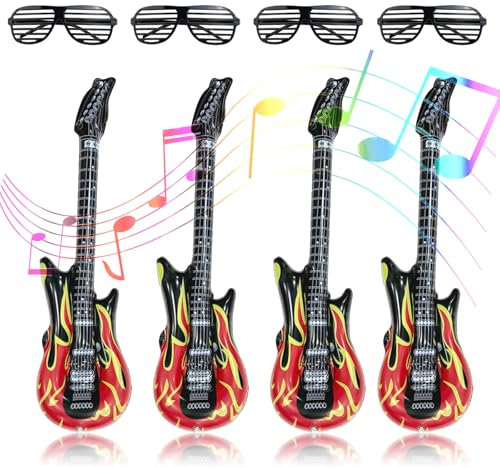 AHEJIOO 8 Pcs Aufblasbare Rock Star Toys Set, Aufblasbare Instrumente, Dekoration Karneval Party Luftgitarren Zum Aufblasen, Party Brille Für Kinder, Luftgitarren Zum Aufblasen, Aufblasbare Gitarre