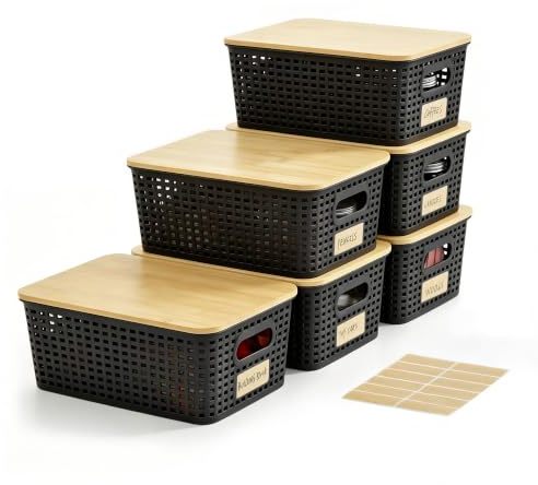 Bagnizer Small Plastic Storage Bins with Bamboo Lids, 5.2qt, 6 Packs | Stackable, with Labels, Decorative, for Home Organization, Playroom, Pantry, Closet, Office, 25.5*18*10.8 CM (Black)