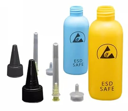 2 Pack 60ml 2OZ AntiStatic Flux Bottle With Needle | ESD Safe Flux Dispenser | Anti-Static Needle Tip Bottle Static Dissipative Durastatic, 1 Pack Yellow Color and 1 Pack Blue (0.4mm Needle)