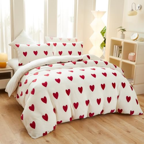 Covebett Flanell Bettwäsche 220x240 Herzen Rot Weiß Winter Biber Plüsch Wende Winterbettwäsche 3teilig, Warme Flauschig Cashmere Touch Bettbezug und 2 Kissenbezug 80x80 mit Reißverschluss